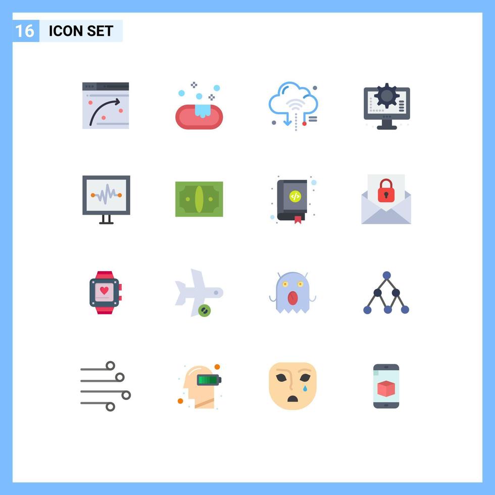 Modern Set of 16 Flat Colors and symbols such as lifeline setting iot process computer Editable Pack of Creative Vector Design Elements