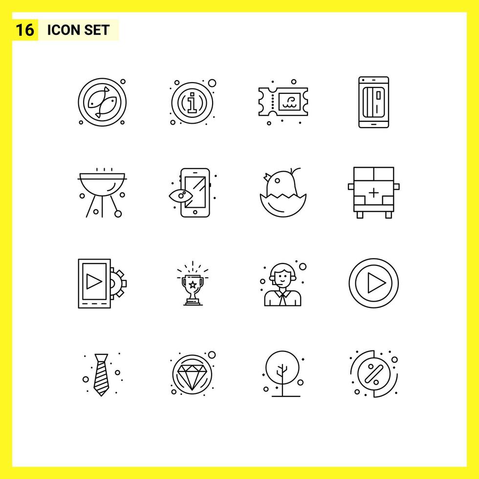 Group of 16 Modern Outlines Set for cafe barbecue water digital cashless Editable Vector Design Elements