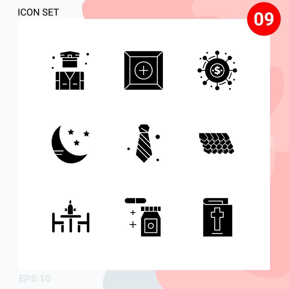 Set of 9 Vector Solid Glyphs on Grid for necktie attire crowd funding weather moon Editable Vector Design Elements