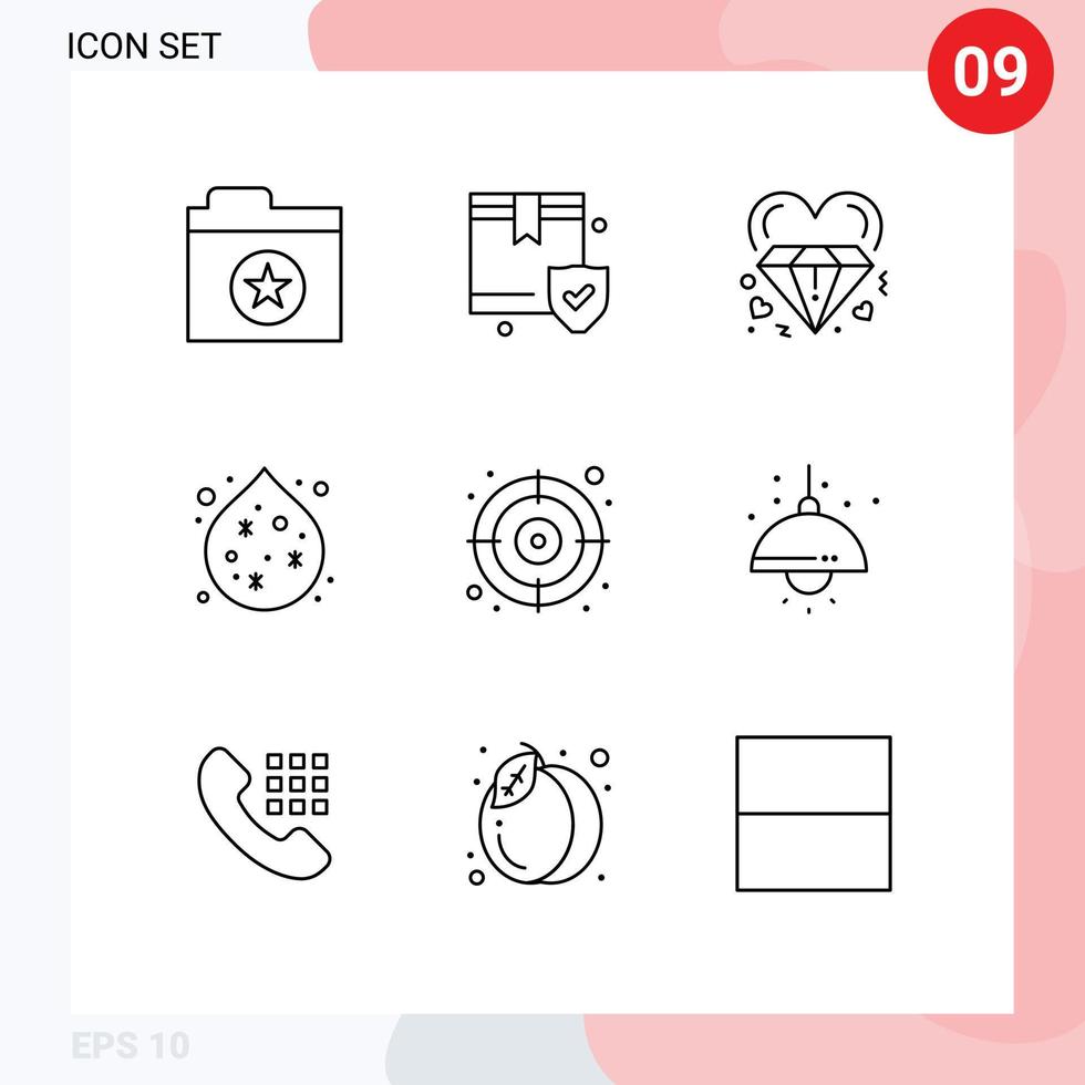 Mobile Interface Outline Set of 9 Pictograms of target arrow heart water pollution Editable Vector Design Elements