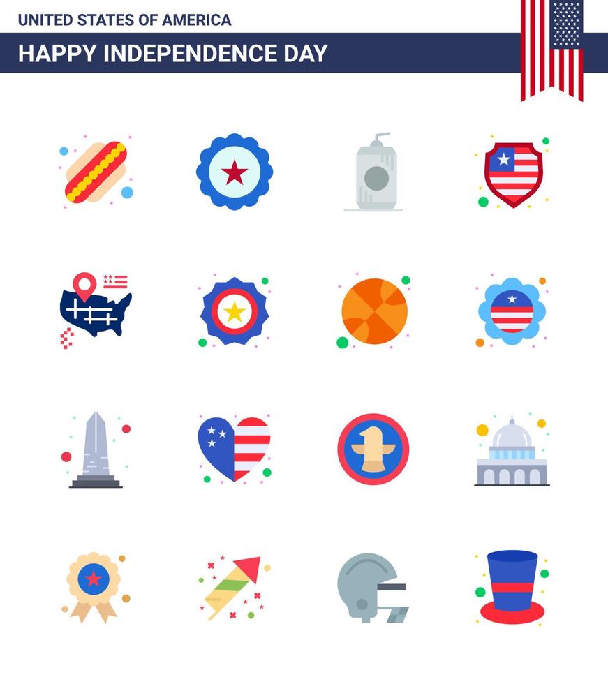 Pack of 16 USA Independence Day Celebration Flats Signs and 4th July Symbols such as american map cola location protection Editable USA Day Vector Design Elements