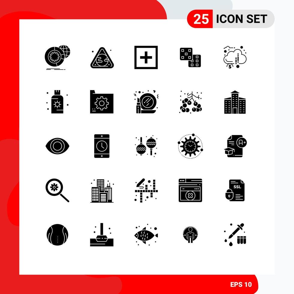 25 User Interface Solid Glyph Pack of modern Signs and Symbols of crowd funding gaming waste dice question Editable Vector Design Elements