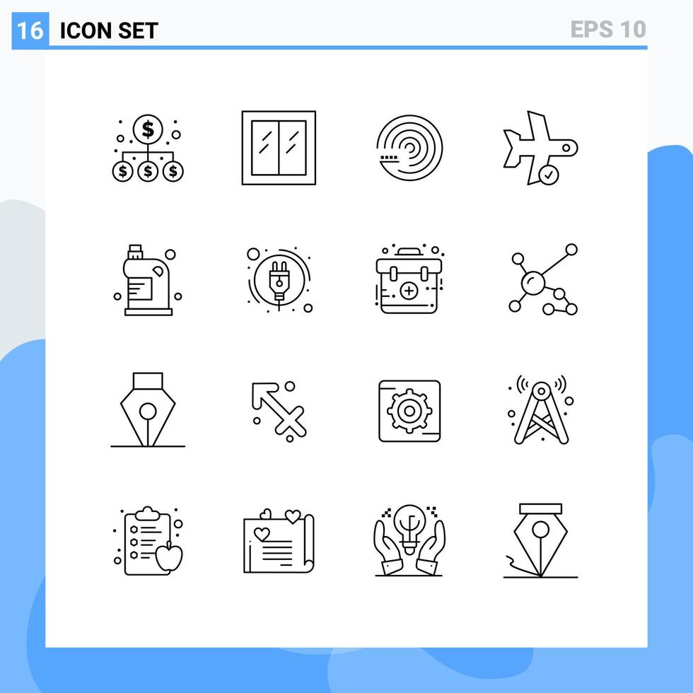 Modern Set of 16 Outlines Pictograph of clean transport forecasting plane check Editable Vector Design Elements