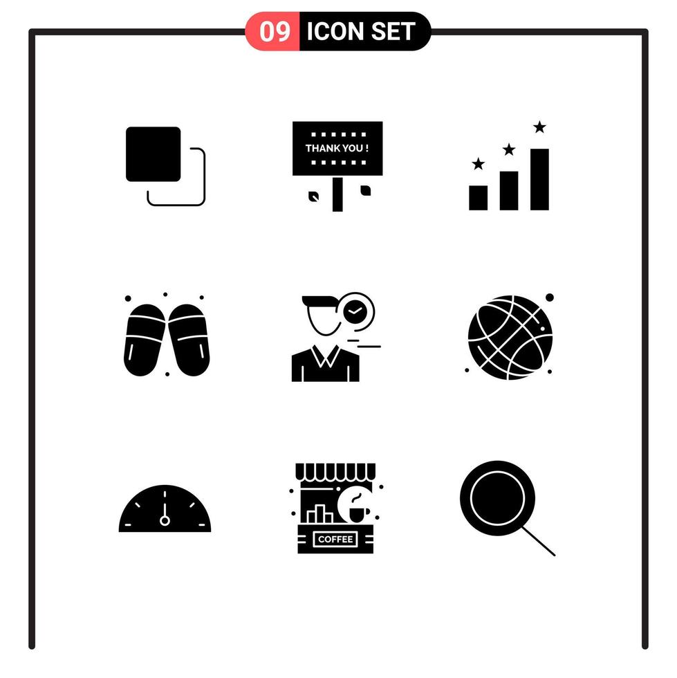 User Interface Pack of 9 Basic Solid Glyphs of clock slippers thanks sauna sandal Editable Vector Design Elements