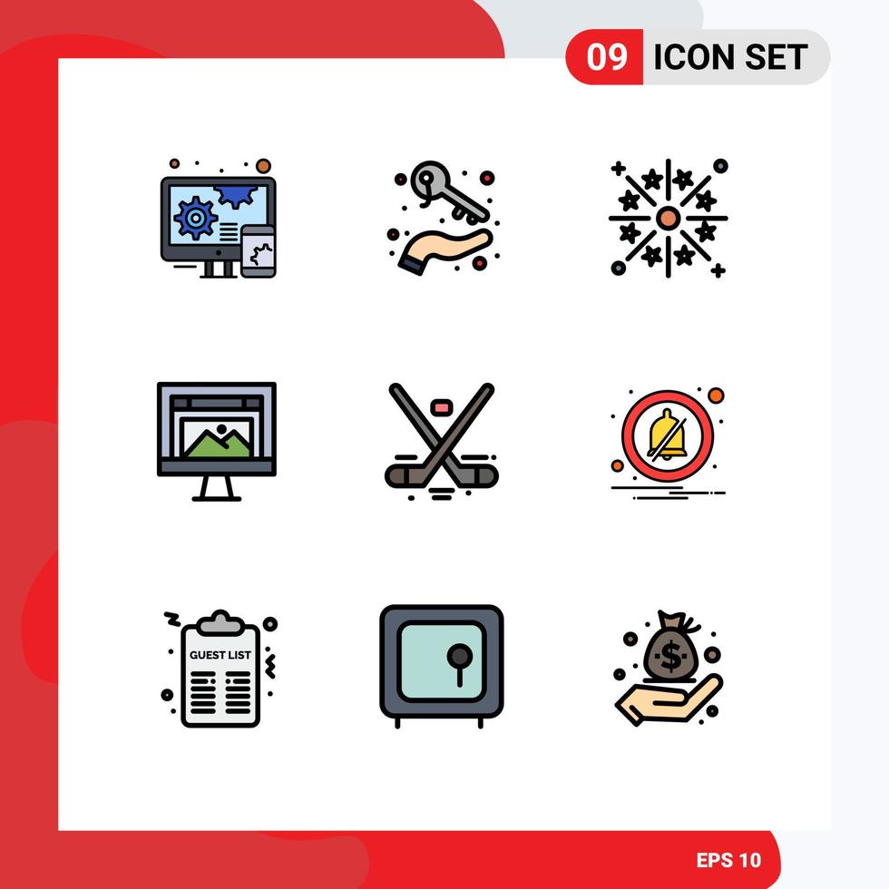 9 User Interface Filledline Flat Color Pack of modern Signs and Symbols of website design celebration computer light Editable Vector Design Elements