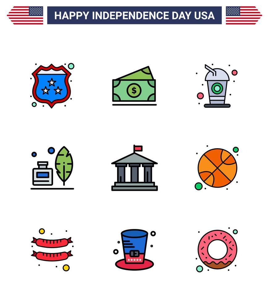 Flat Filled Line Pack of 9 USA Independence Day Symbols of flag american bottle ink bottle adobe Editable USA Day Vector Design Elements