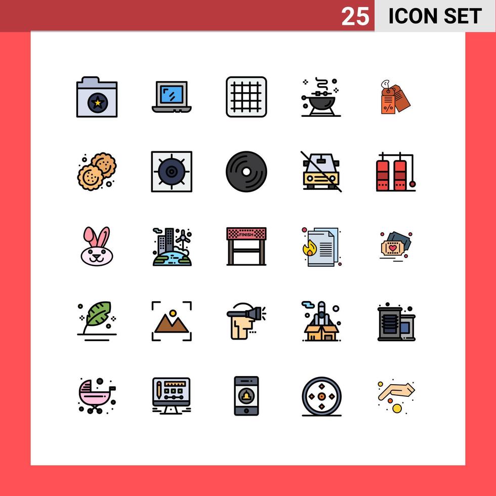 25 Universal Filled line Flat Colors Set for Web and Mobile Applications biscuit sale barbecue discount label Editable Vector Design Elements