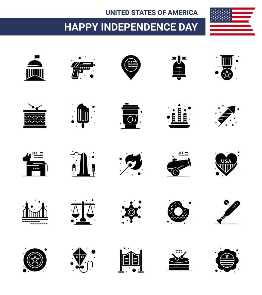 Happy Independence Day 25 Solid Glyph Icon Pack for Web and Print award american weapon ring sign Editable USA Day Vector Design Elements