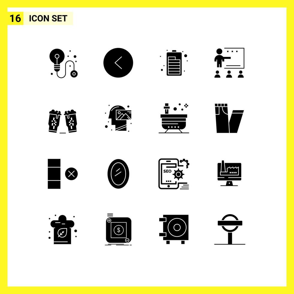 16 User Interface Solid Glyph Pack of modern Signs and Symbols of glass drink electric beer school Editable Vector Design Elements