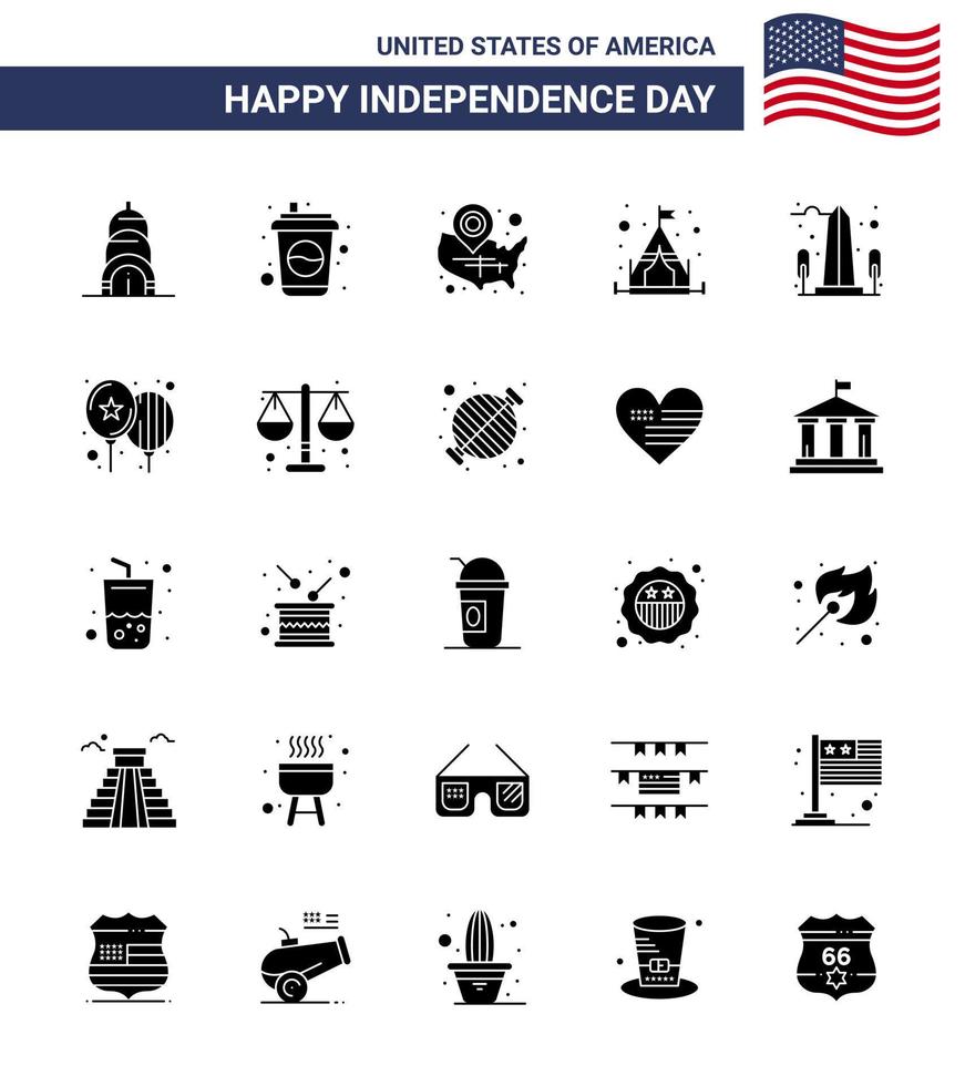 Happy Independence Day 25 Solid Glyph Icon Pack for Web and Print sight landmark states tent camp Editable USA Day Vector Design Elements