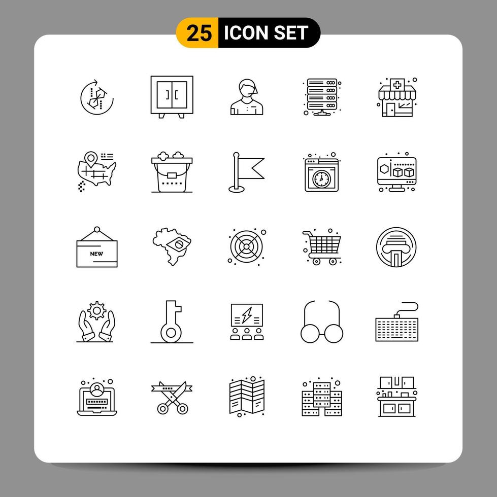 Pictogram Set of 25 Simple Lines of storage database school data linesman Editable Vector Design Elements
