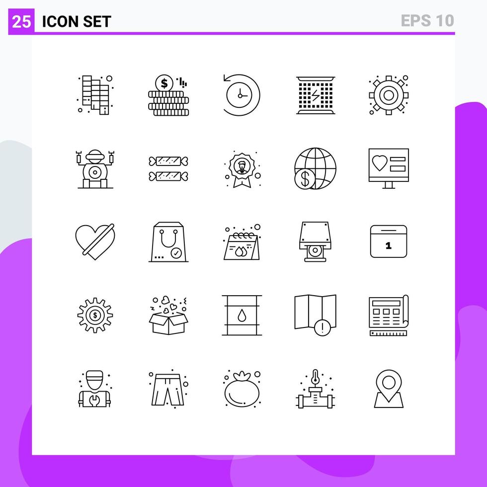 Pictogram Set of 25 Simple Lines of robot gear time machine engine electromagnetic Editable Vector Design Elements