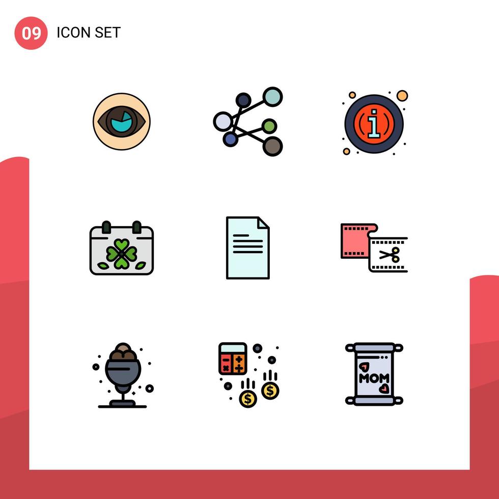 Pack of 9 Modern Filledline Flat Colors Signs and Symbols for Web Print Media such as file leaf about day calendar Editable Vector Design Elements