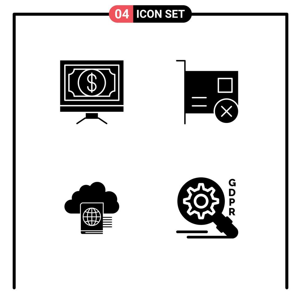 4 User Interface Solid Glyph Pack of modern Signs and Symbols of bank pci money computers reading Editable Vector Design Elements
