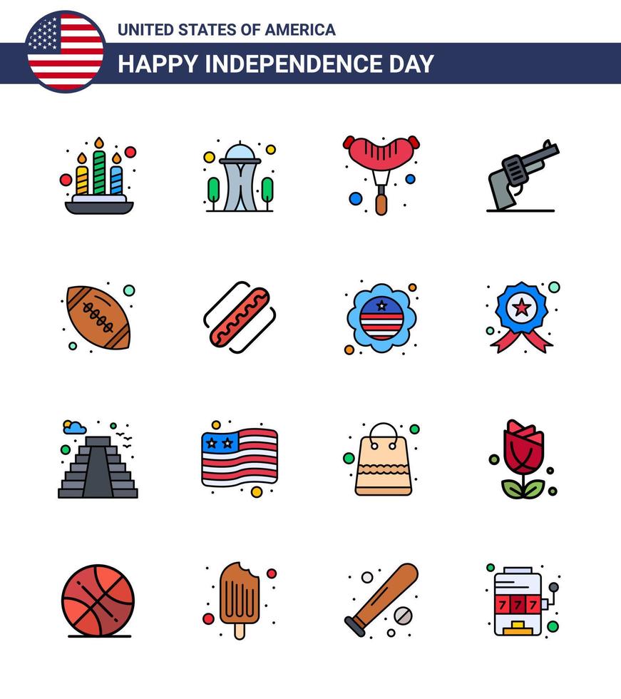 conjunto de 16 líneas planas llenas modernas paquete en el día de la independencia de estados unidos pelota americana rugby frankfurter ball arma editable día de estados unidos elementos de diseño vectorial vector