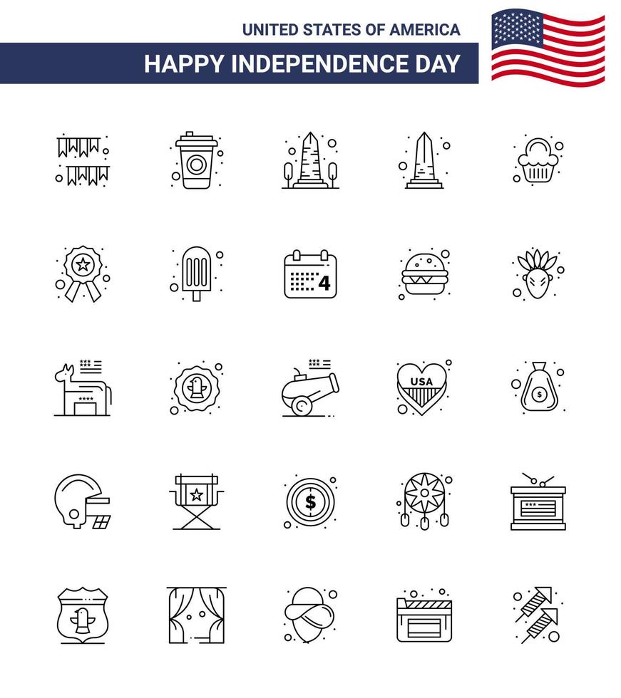 conjunto de 25 líneas modernas paquete en la insignia del día de la independencia de estados unidos dulce hito fiesta washington elementos de diseño vectorial editables del día de estados unidos vector