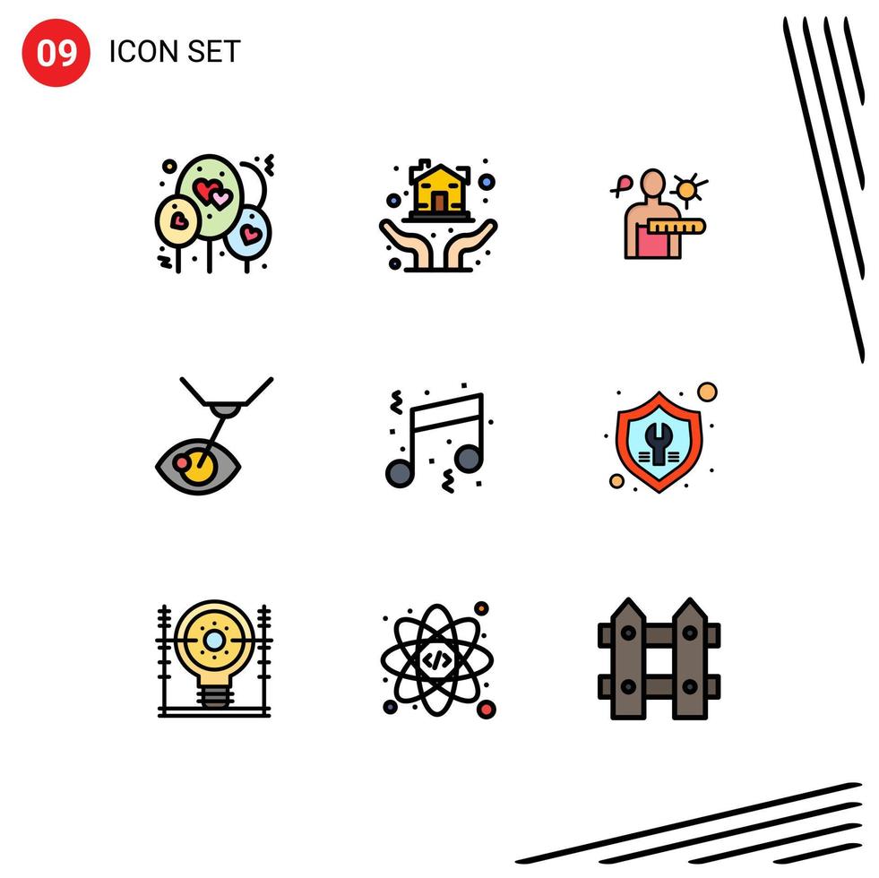 conjunto de 9 iconos de interfaz de usuario modernos símbolos signos para música cumpleaños enfermedad lasik tratamiento ocular elementos de diseño vectorial editables vector