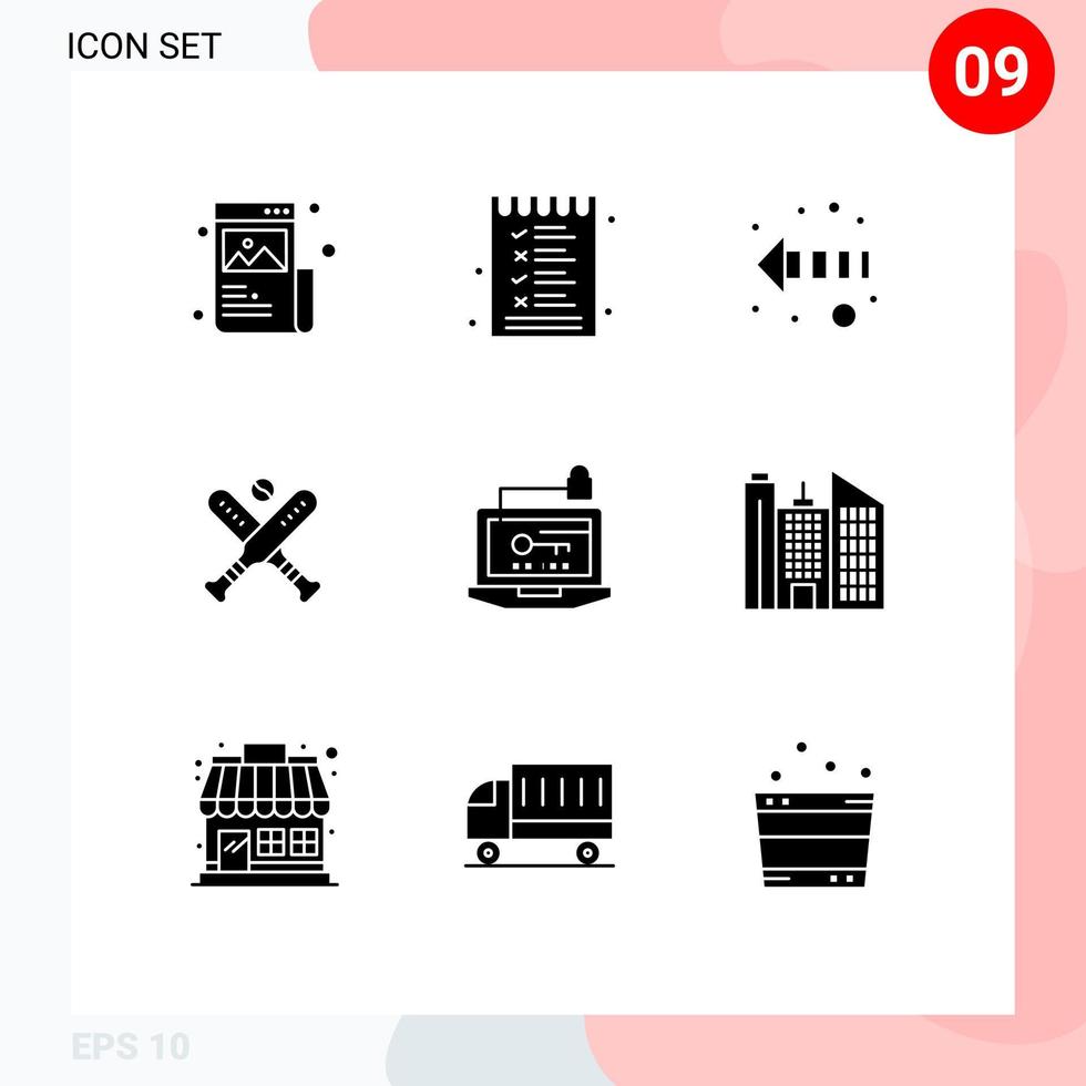Pack of 9 Modern Solid Glyphs Signs and Symbols for Web Print Media such as computer bats options bat ball Editable Vector Design Elements
