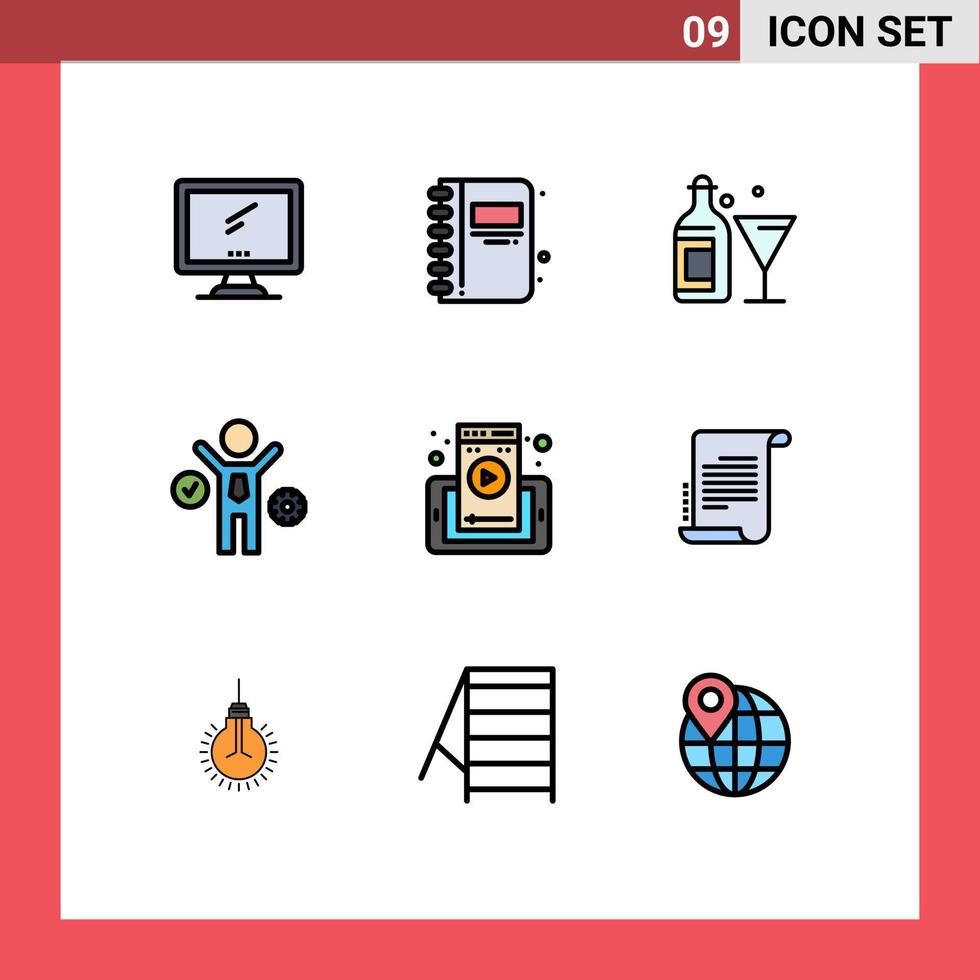 paquete de 9 signos y símbolos de colores planos de línea de relleno modernos para medios de impresión web como proceso móvil idea de libro abierto vino elementos de diseño de vectores editables