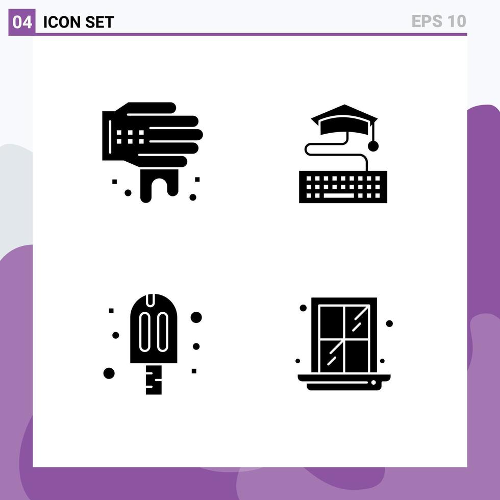 Modern Set of 4 Solid Glyphs Pictograph of hand ice key graduation interior Editable Vector Design Elements