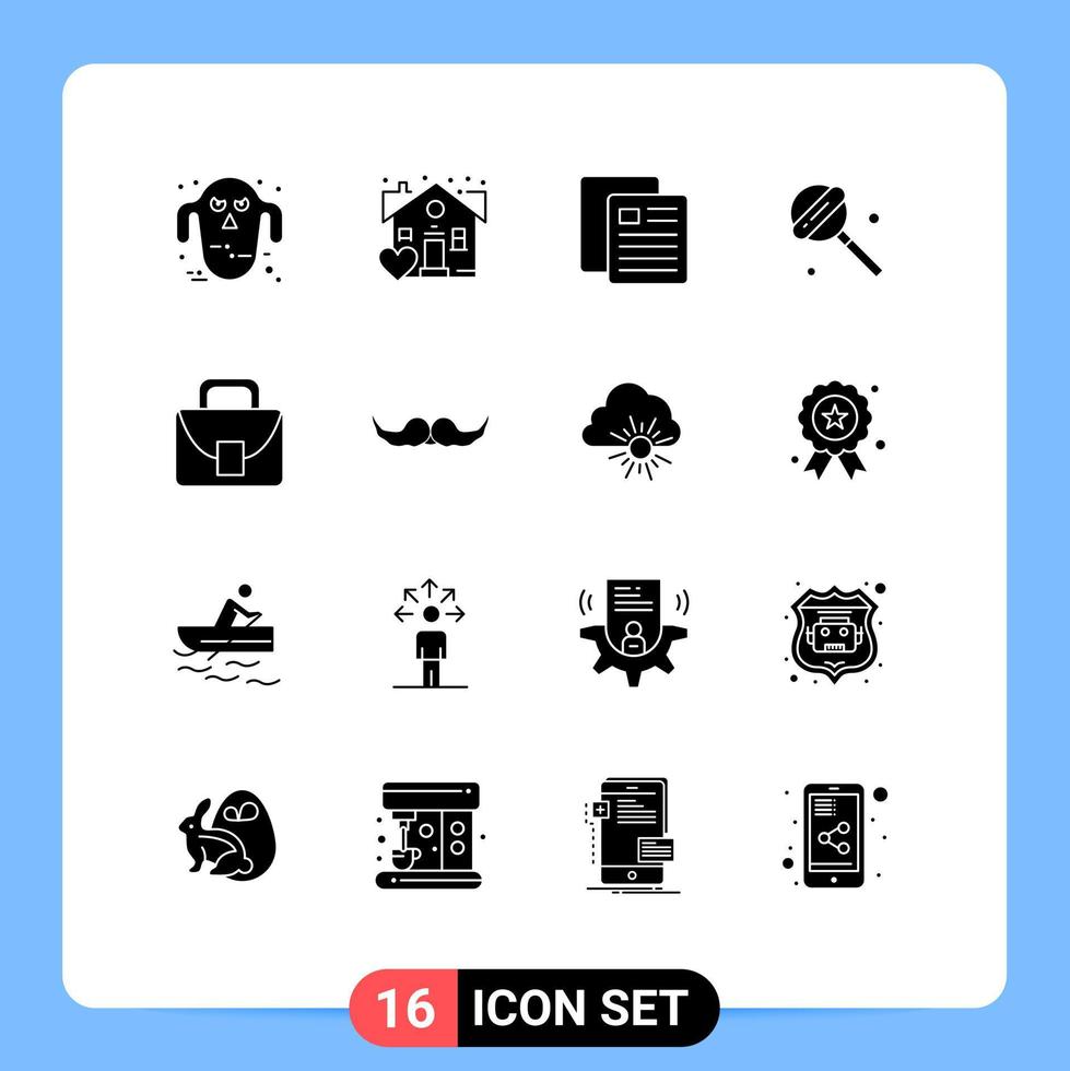 Modern Set of 16 Solid Glyphs Pictograph of global worker school bag candy Editable Vector Design Elements