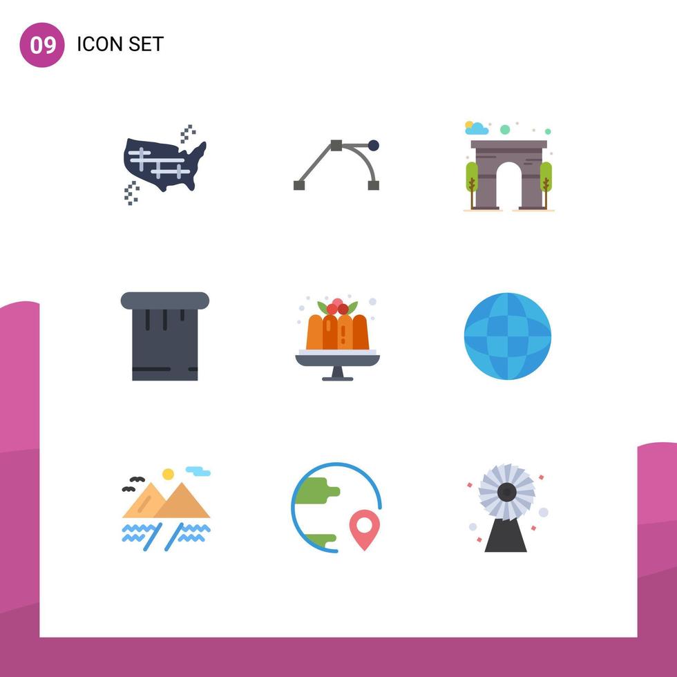 Mobile Interface Flat Color Set of 9 Pictograms of food cake architecture tools paint Editable Vector Design Elements