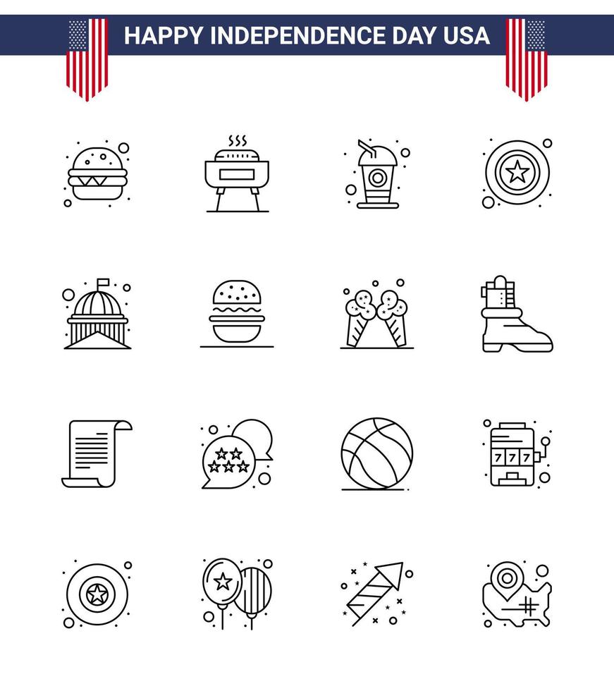 Set of 16 Vector Lines on 4th July USA Independence Day such as landmark building cola sign police Editable USA Day Vector Design Elements