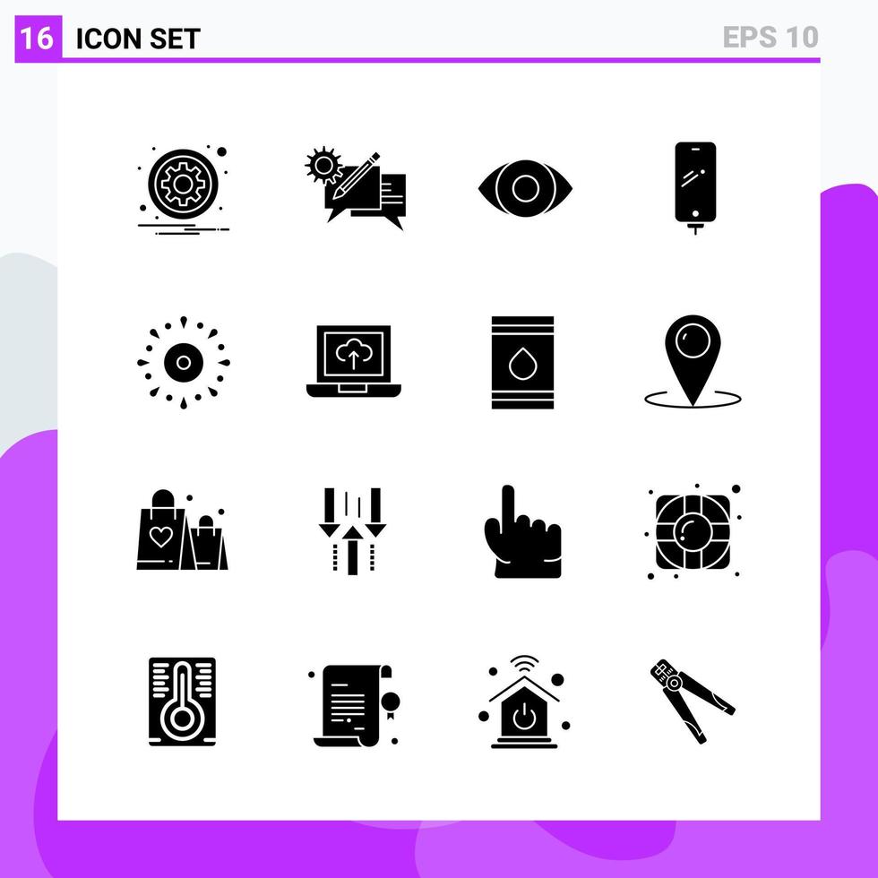 Set of 16 icons in solid style Creative Glyph Symbols for Website Design and Mobile Apps Simple Solid Icon Sign Isolated on White Background 16 Icons Creative Black Icon vector background