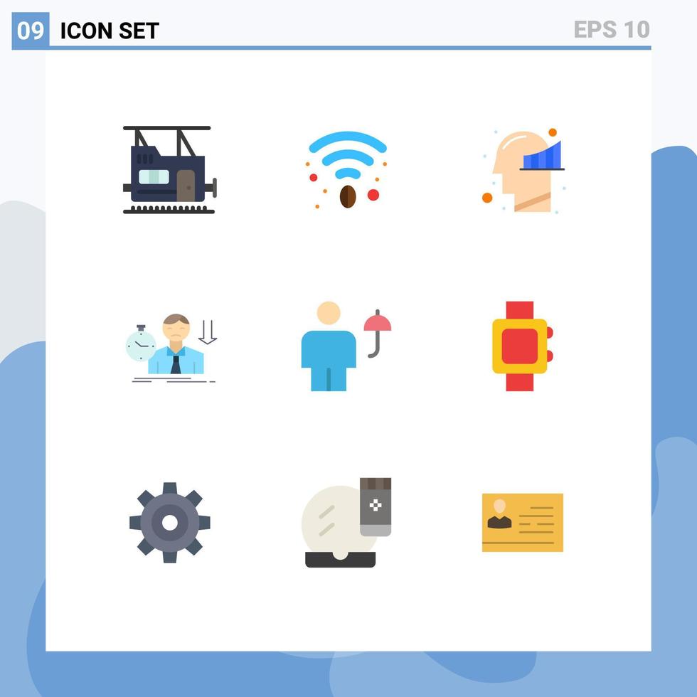 conjunto de colores planos de interfaz móvil de 9 pictogramas de avatar humano mente tiempo triste elementos de diseño vectorial editables vector