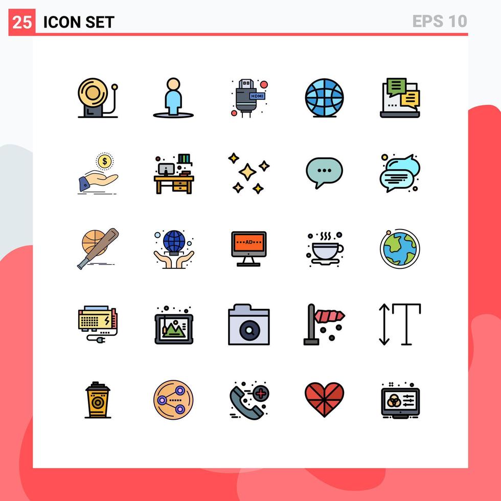 25 colores planos de línea rellena universales establecidos para aplicaciones web y móviles cobrar elementos de diseño vectorial editables de desarrollo de script web hdmi vector