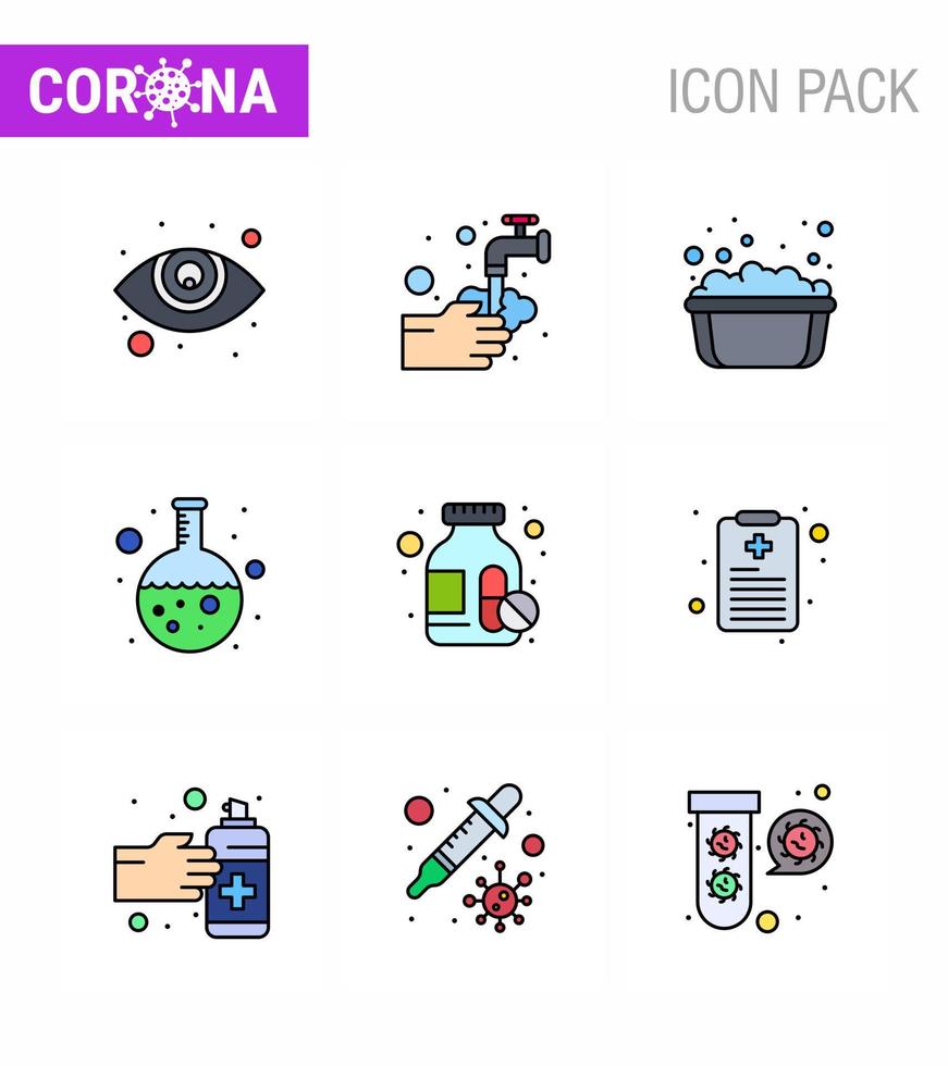 9 Filled Line Flat Color Set of corona virus epidemic icons such as medicine bottle research basin lab test viral coronavirus 2019nov disease Vector Design Elements