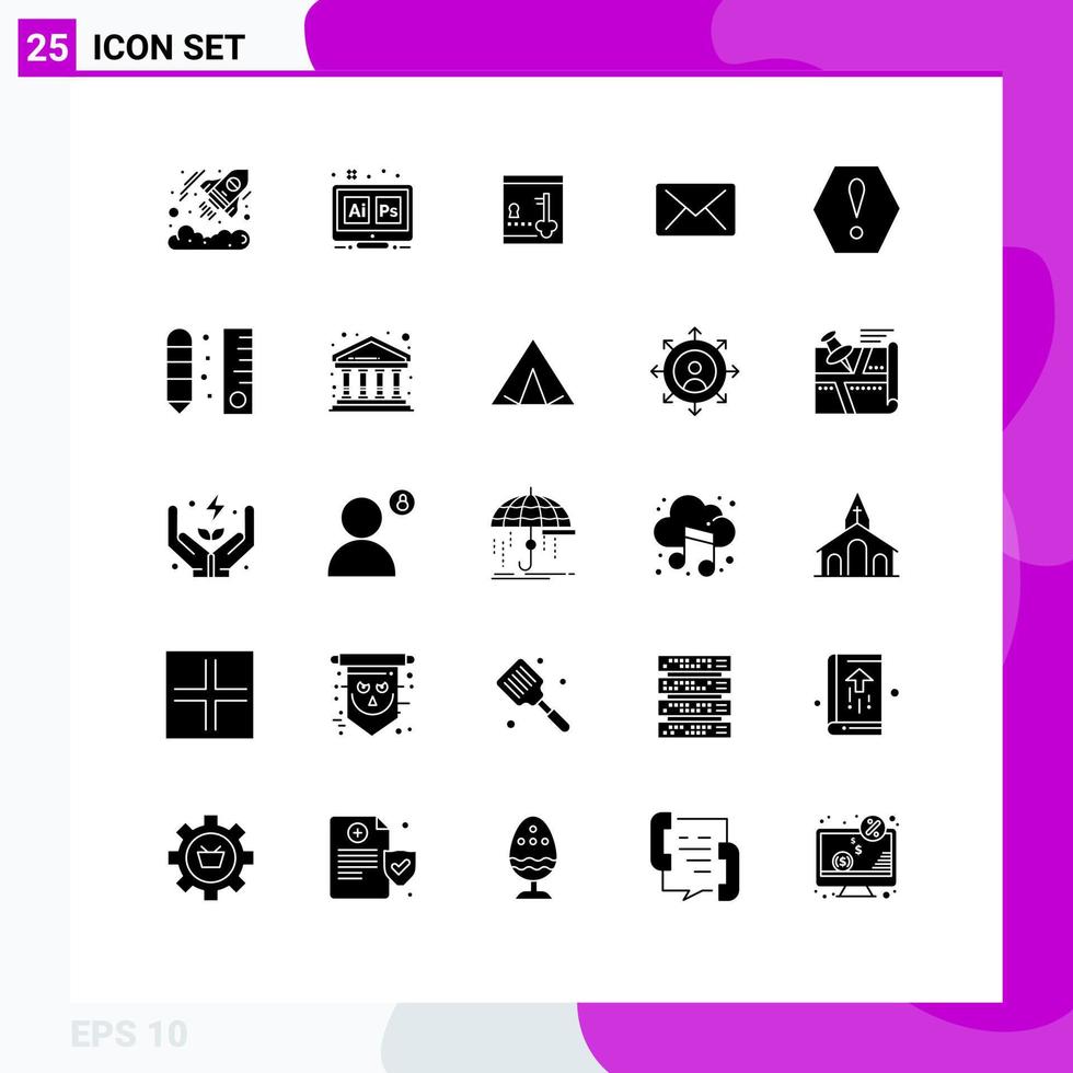 Group of 25 Modern Solid Glyphs Set for octagon message ai mail key Editable Vector Design Elements
