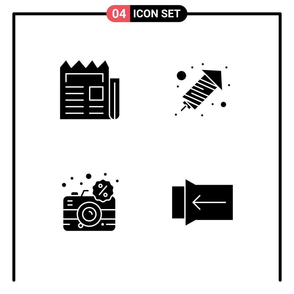 Pack of 4 creative Solid Glyphs of media digital newspaper fire work dslr Editable Vector Design Elements