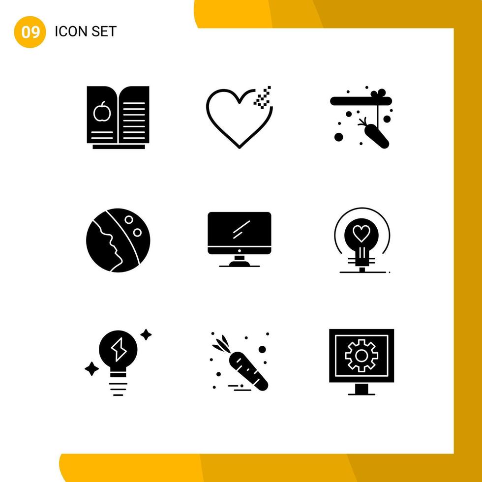 Pack of 9 Modern Solid Glyphs Signs and Symbols for Web Print Media such as bulb imac dermatology device computer Editable Vector Design Elements