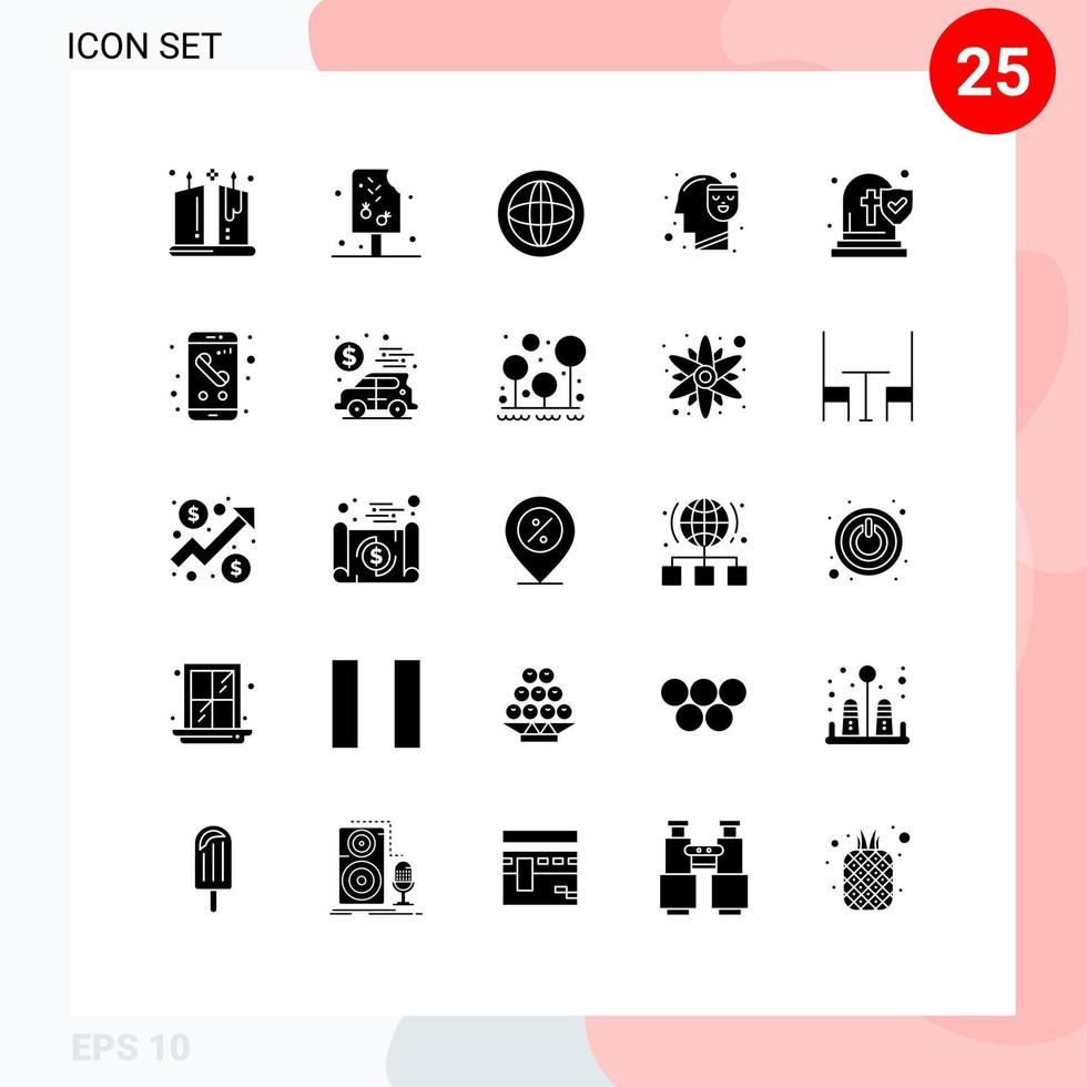 Mobile Interface Solid Glyph Set of 25 Pictograms of church happy center mind support Editable Vector Design Elements