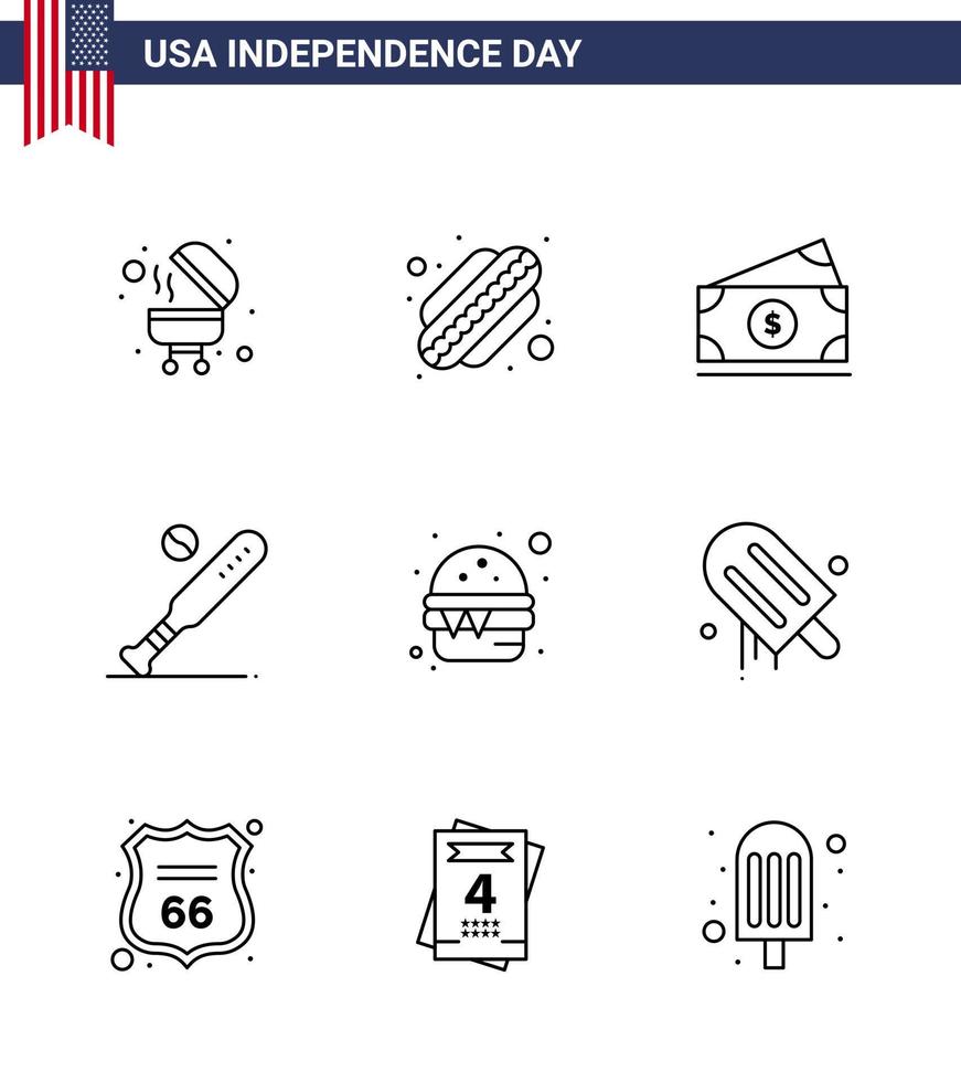 Set of 9 Vector Lines on 4th July USA Independence Day such as food burger amearican usa bat Editable USA Day Vector Design Elements