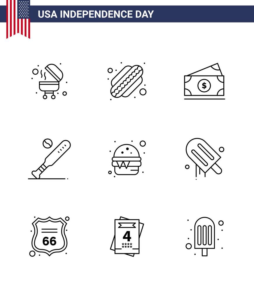 conjunto de 9 líneas vectoriales el 4 de julio, día de la independencia de estados unidos, como hamburguesas de comida, elementos de diseño de vectores editables del día de estados unidos de estados unidos