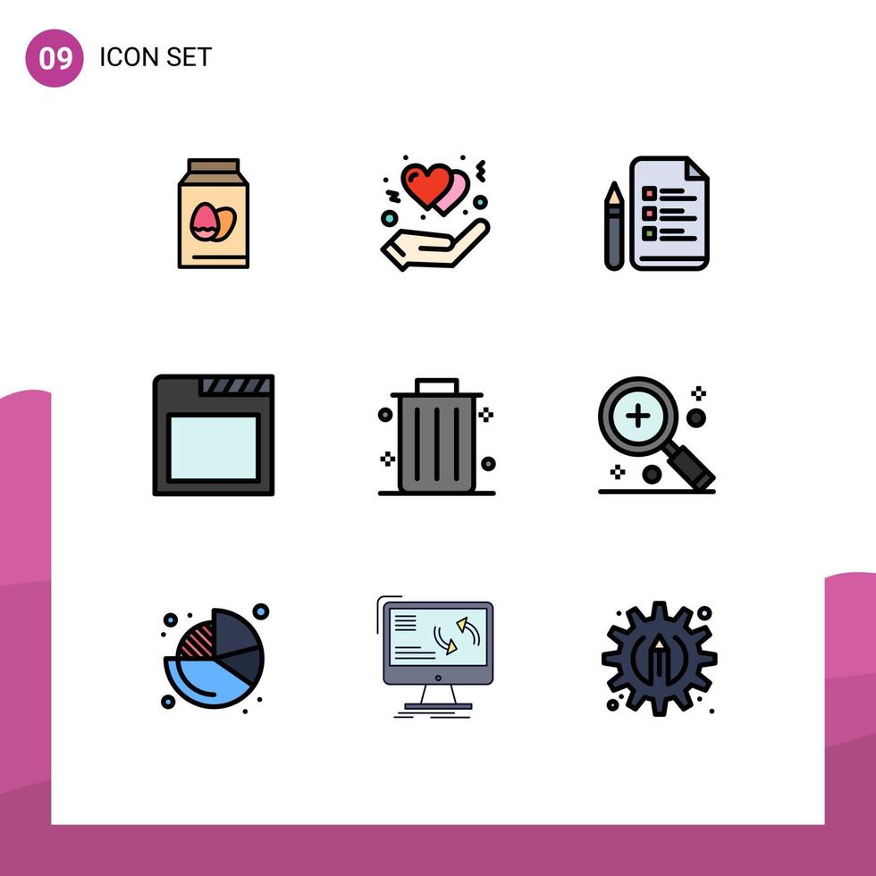 conjunto moderno de 9 colores planos y símbolos de línea de llenado, como elementos de diseño vectorial editables de la aplicación de pestañas de archivos comerciales de oficina vector