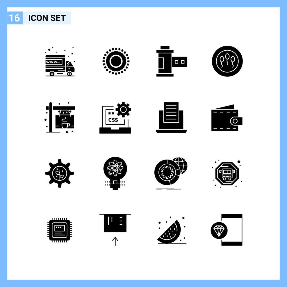 16 iconos estilo sólido símbolos de glifo creativo signo de icono sólido negro aislado sobre fondo blanco fondo de vector de icono negro creativo