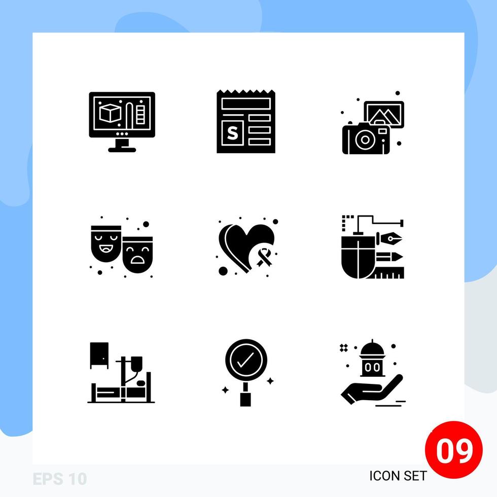 Modern Set of 9 Solid Glyphs and symbols such as heart breast photography happy sad roles Editable Vector Design Elements