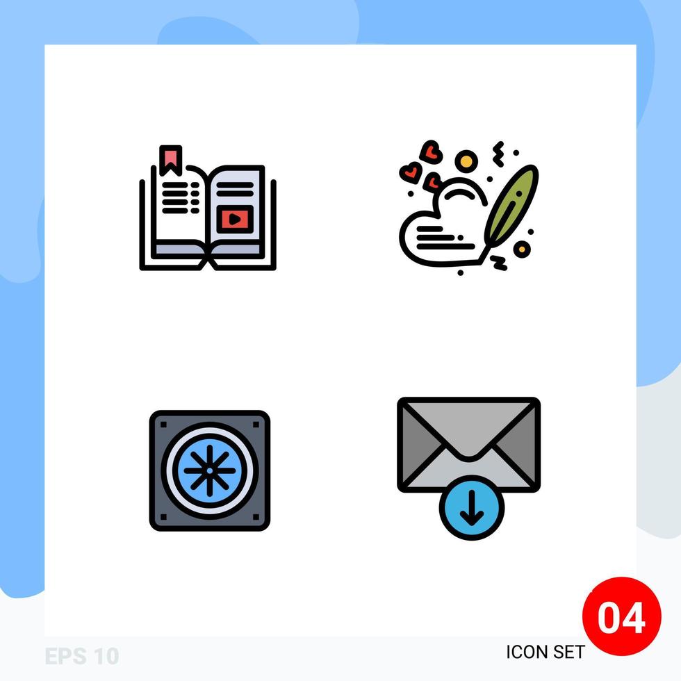 Pictogram Set of 4 Simple Filledline Flat Colors of book computer education love fan Editable Vector Design Elements