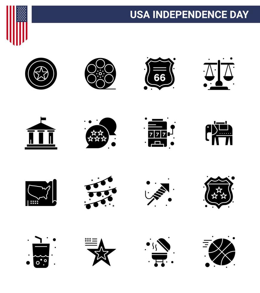 Happy Independence Day 16 Solid Glyphs Icon Pack for Web and Print flag scale security law court Editable USA Day Vector Design Elements