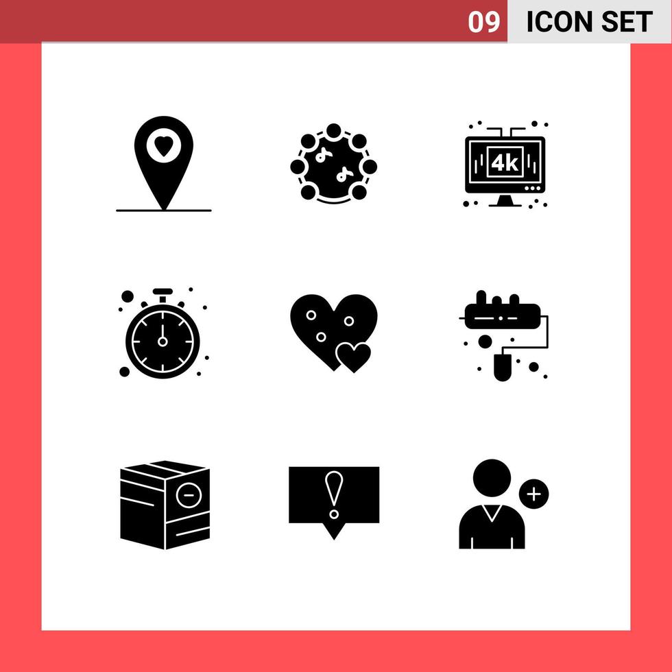 9 Thematic Vector Solid Glyphs and Editable Symbols of gift love technology heart timer Editable Vector Design Elements