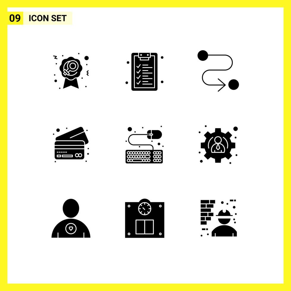 Pack of 9 Modern Solid Glyphs Signs and Symbols for Web Print Media such as profile mouse road keyboard credit Editable Vector Design Elements