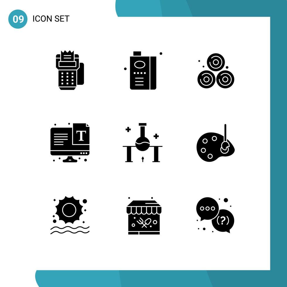 Solid Glyph Pack of 9 Universal Symbols of laboratory typography fruit text wheat straw Editable Vector Design Elements