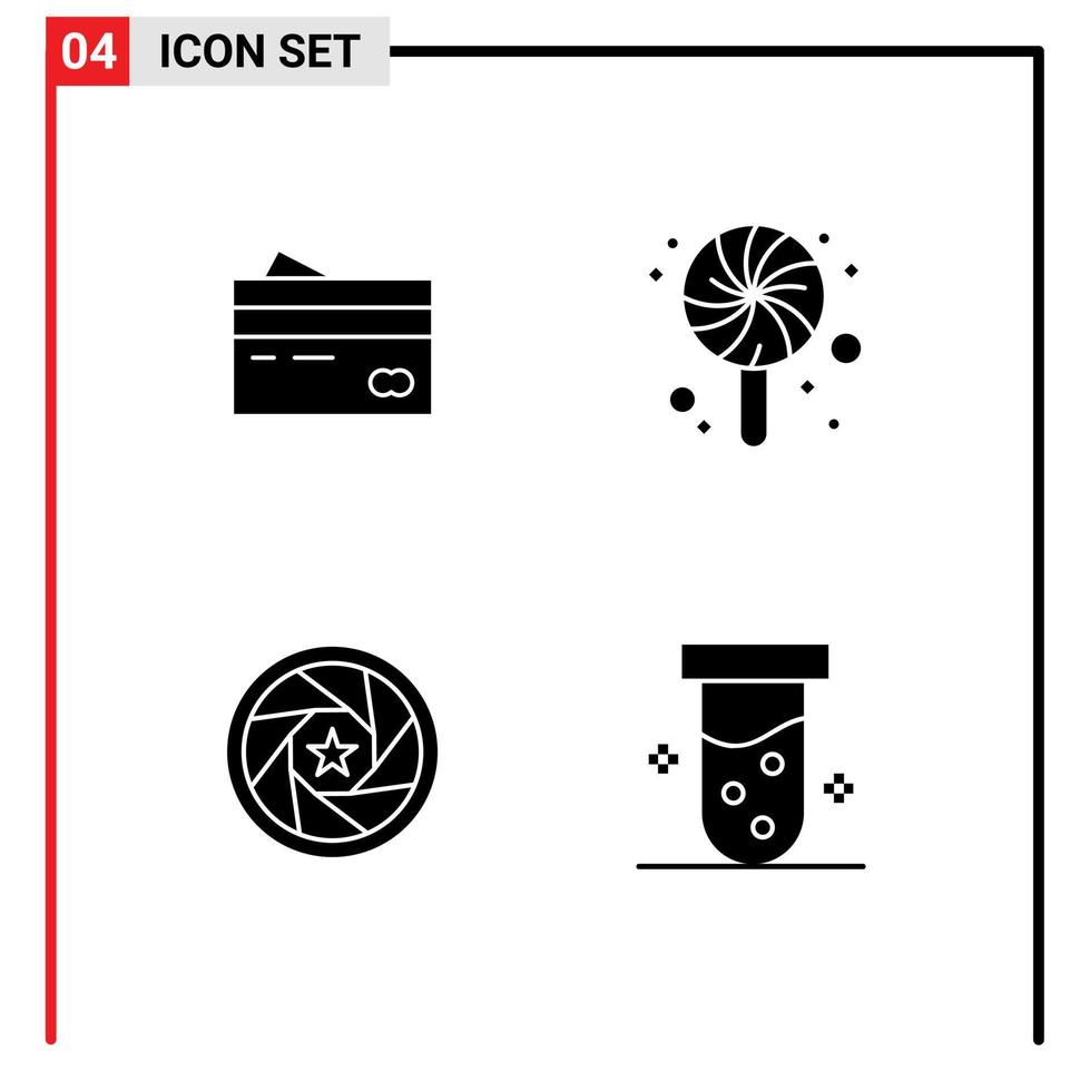 Pack of 4 Modern Solid Glyphs Signs and Symbols for Web Print Media such as creditcard sweet cards money aperture Editable Vector Design Elements