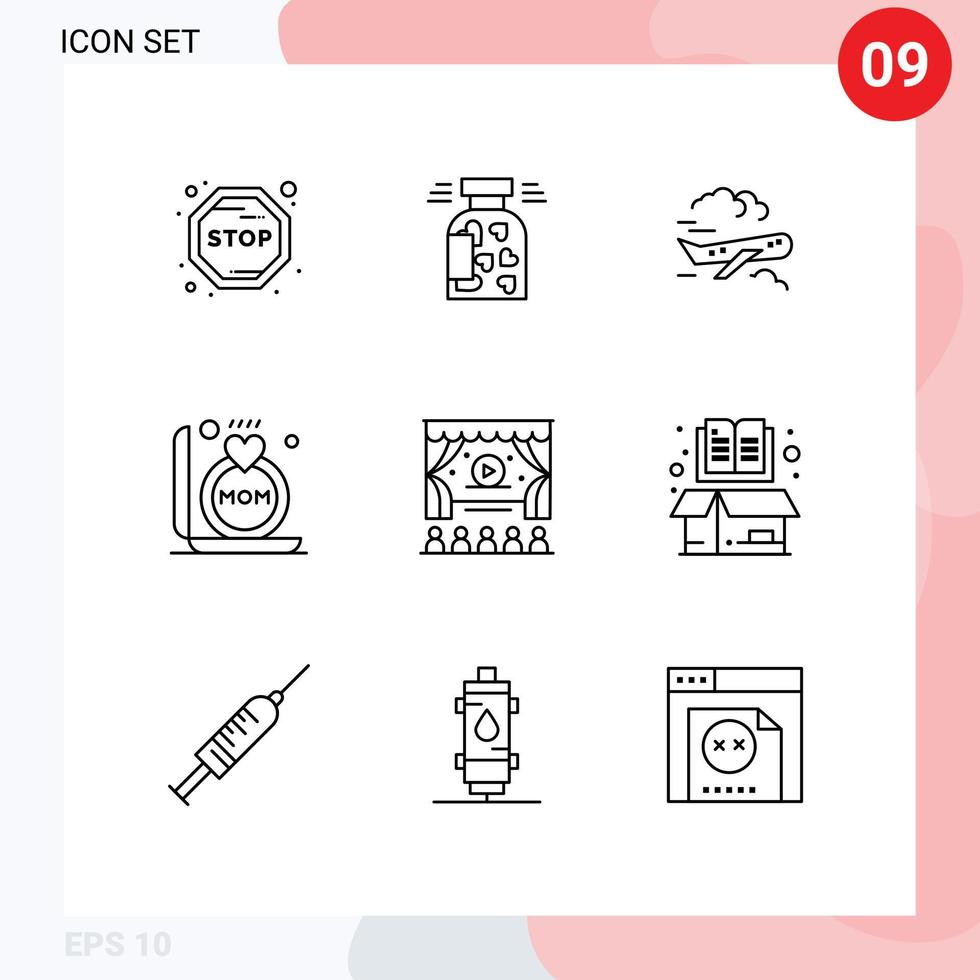 Editable Vector Line Pack of 9 Simple Outlines of ad mother air mom ring Editable Vector Design Elements