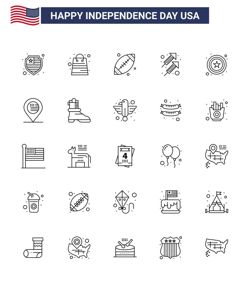 25 Line Signs for USA Independence Day sign police footbal shoot fire Editable USA Day Vector Design Elements