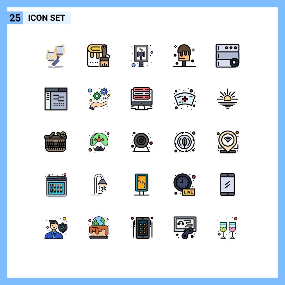 paquete de 25 modernos signos y símbolos de colores planos de línea rellena para medios de impresión web, como la pintura de la base de datos del servidor, elementos de diseño de vectores editables de crema de verano