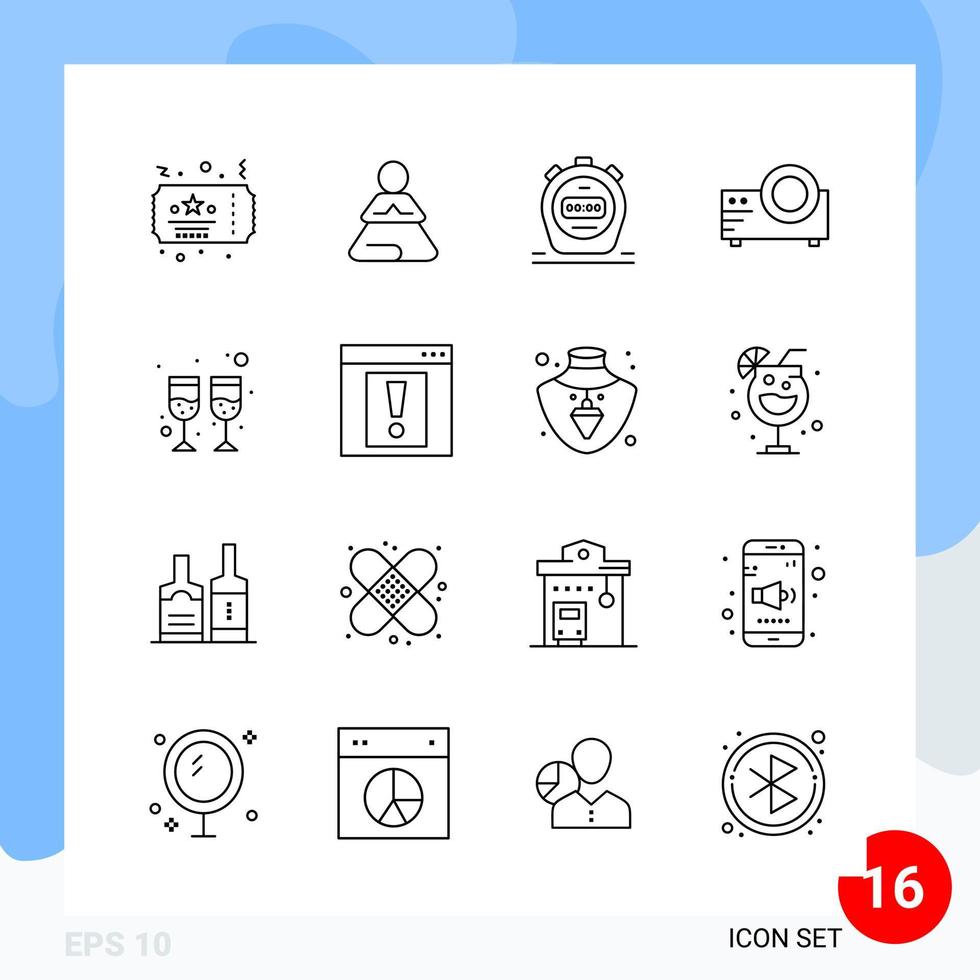Modern Pack of 16 Icons Line Outline Symbols isolated on White Backgound for Website designing Creative Black Icon vector background